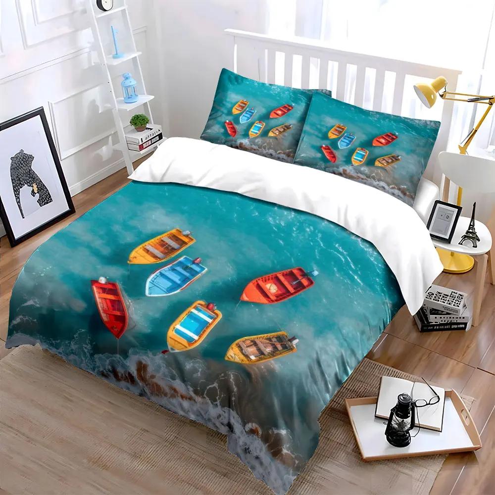 Colorful Boats Ocean Print Decor Soft Comfortable Duvet Cover Bedding Set Included 1*Duvet Cover & 2*Pillowcases gift