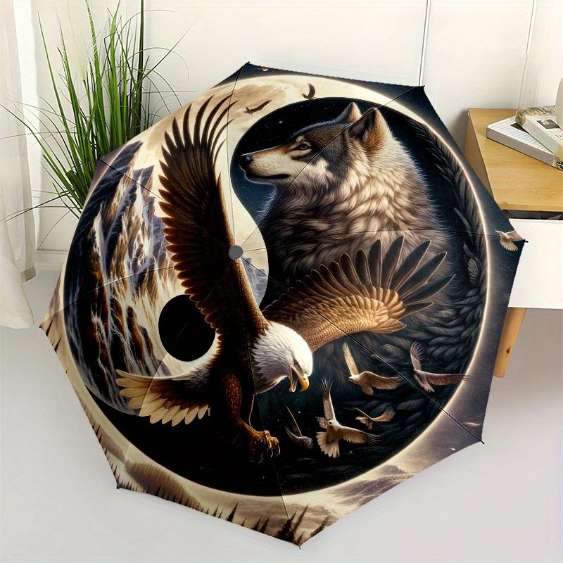 Wolf and Eagle Yin Yang Circular Art PrintUmbrella, Portable 3-Fold Umbrella for Men & Women,Christmas Gift ES218