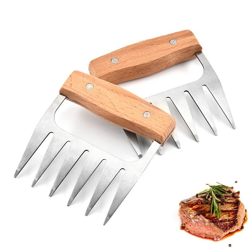 Stainless Steel Bear Claw Shaped Meat Shredder Strong Sharp BBQ Grill Tool Beech Wood Handle Heat Resistant Barbecue Forks