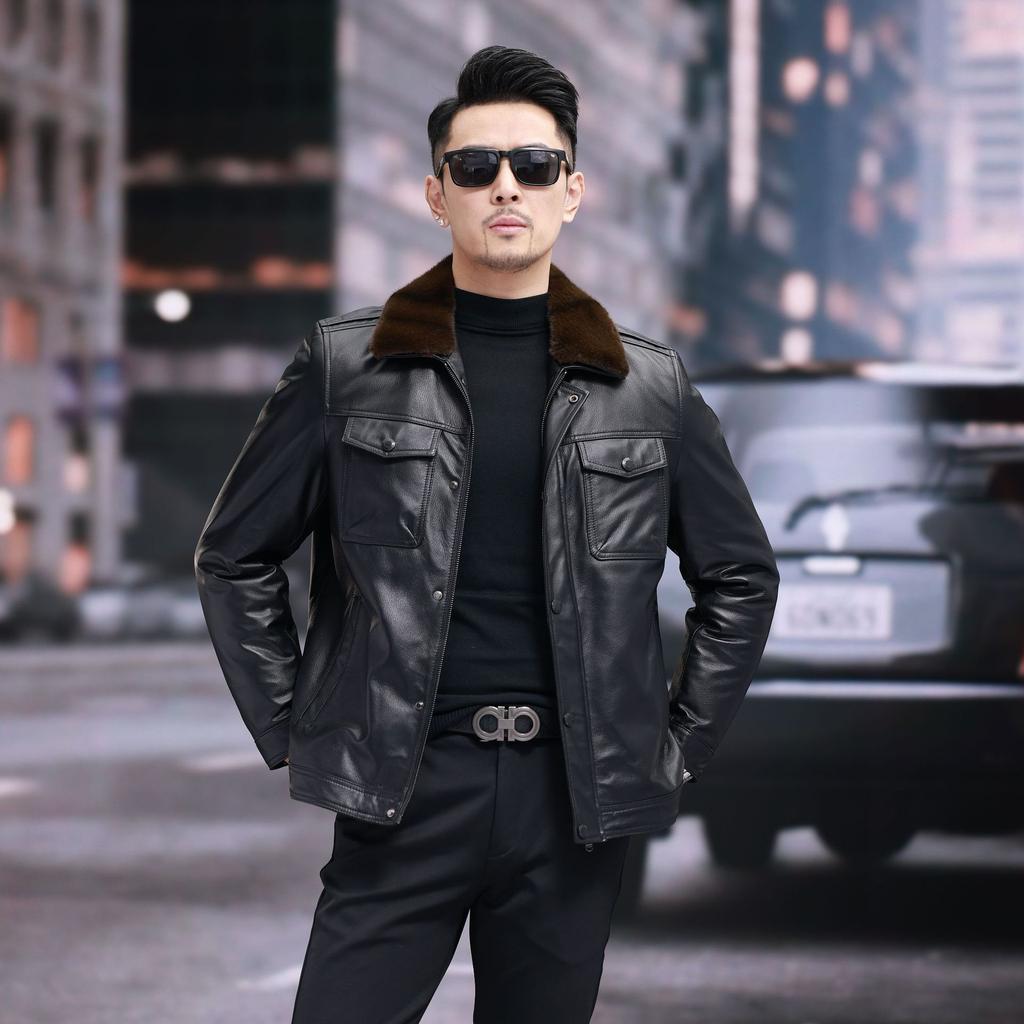 Mink velvet collar genuine leather cowhide jacket with lining mink velvet genuine leather jacket men's lapel thickened jacket winter