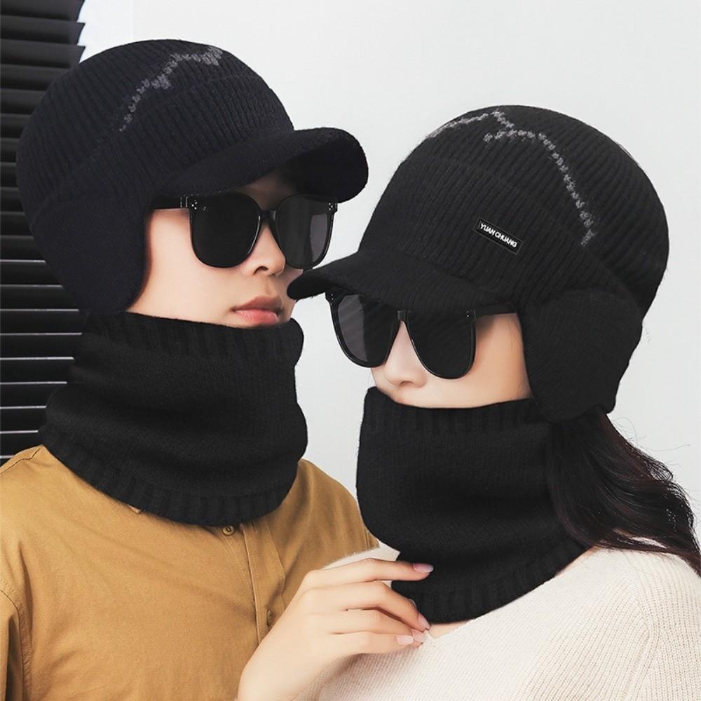 2Pcs Set Windproof Sheep Wool Scarf Plush Winter Autumn Hat with Earflap  Outdoor