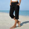 Pantaloni da Donna a Gamba Dritta Corti, Vestibilità Larga, in Lino e Cotone, con Tasche Laterali e Fondo Spaccato con Bottone, per Uso Casual