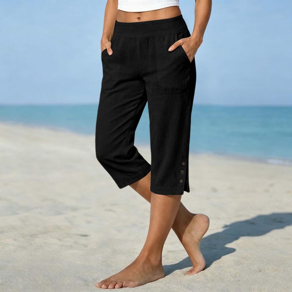 Pantaloni da Donna a Gamba Dritta Corti, Vestibilità Larga, in Lino e Cotone, con Tasche Laterali e Fondo Spaccato con Bottone, per Uso Casual
