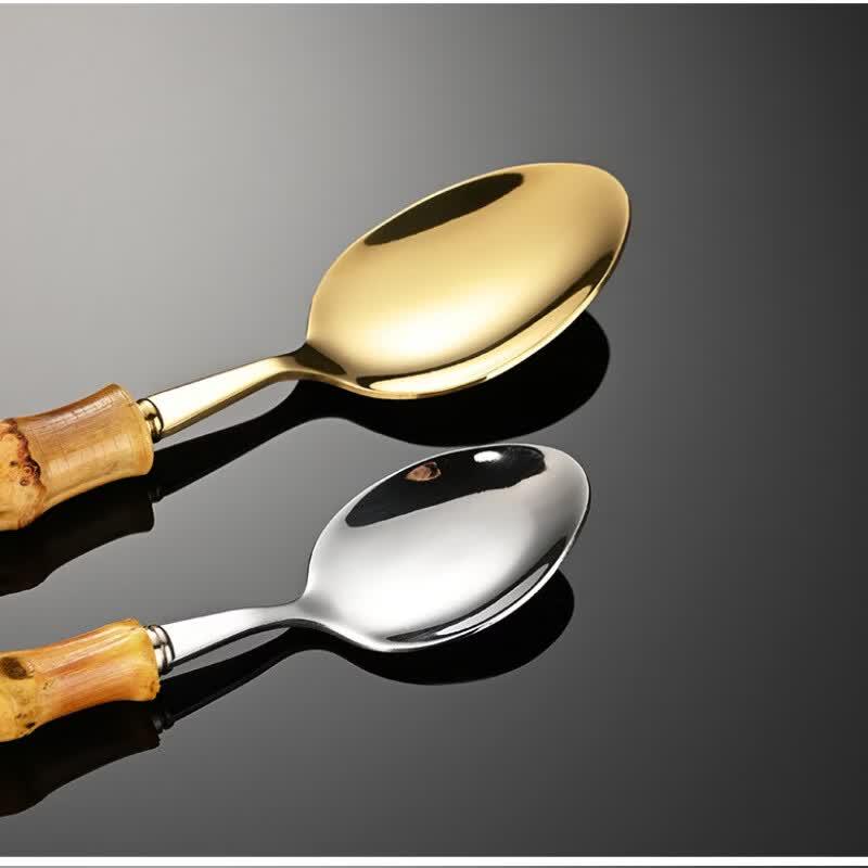 Qianxing Stainless Steel Golden Teaspoons with Bamboo Handles