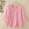 ZANZEA Women Casual Round Neck Solid Color 3/4 Sleeve Loose Blouse
