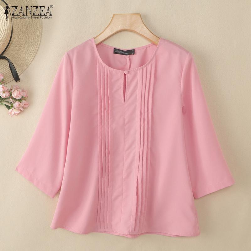 ZANZEA Women Casual Round Neck Solid Color 3/4 Sleeve Loose Blouse