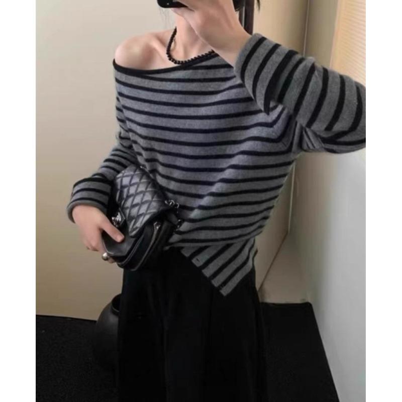 

Elegant Loose Slanted Shoulder Knitted Pullover Striped Sweater Casual Gentle Autumn Women Fashion Long Sleeve Tops Loose Casual Office Thin Clothing one size