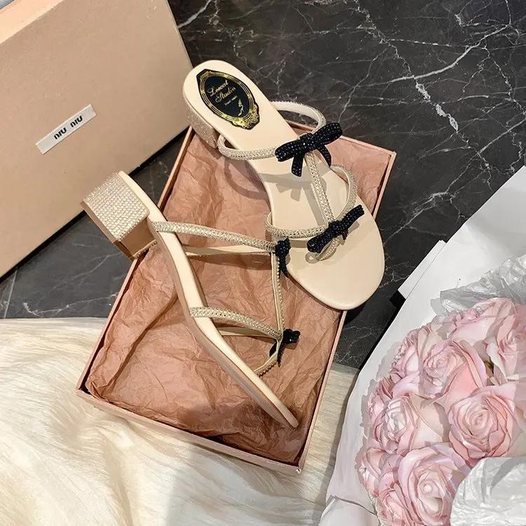 

Shiny Rhinestone Sandals Women Chunky Heel Slipper Female Summer Flip Flops Pink Silver Bow Luxury Designer 40 чорний