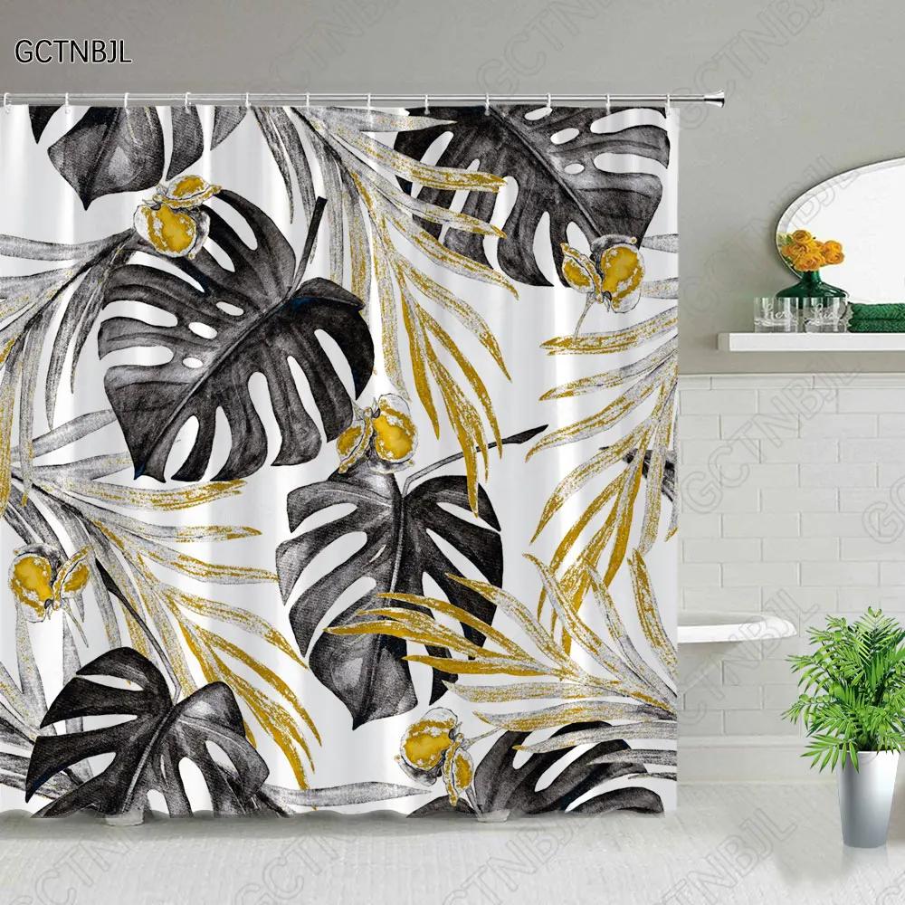Tropical Green Plant Bathroom Shower Curtains Black Background Gold Palm Leaf Pattern Bath Curtain Waterproof Bathtub Home Decor