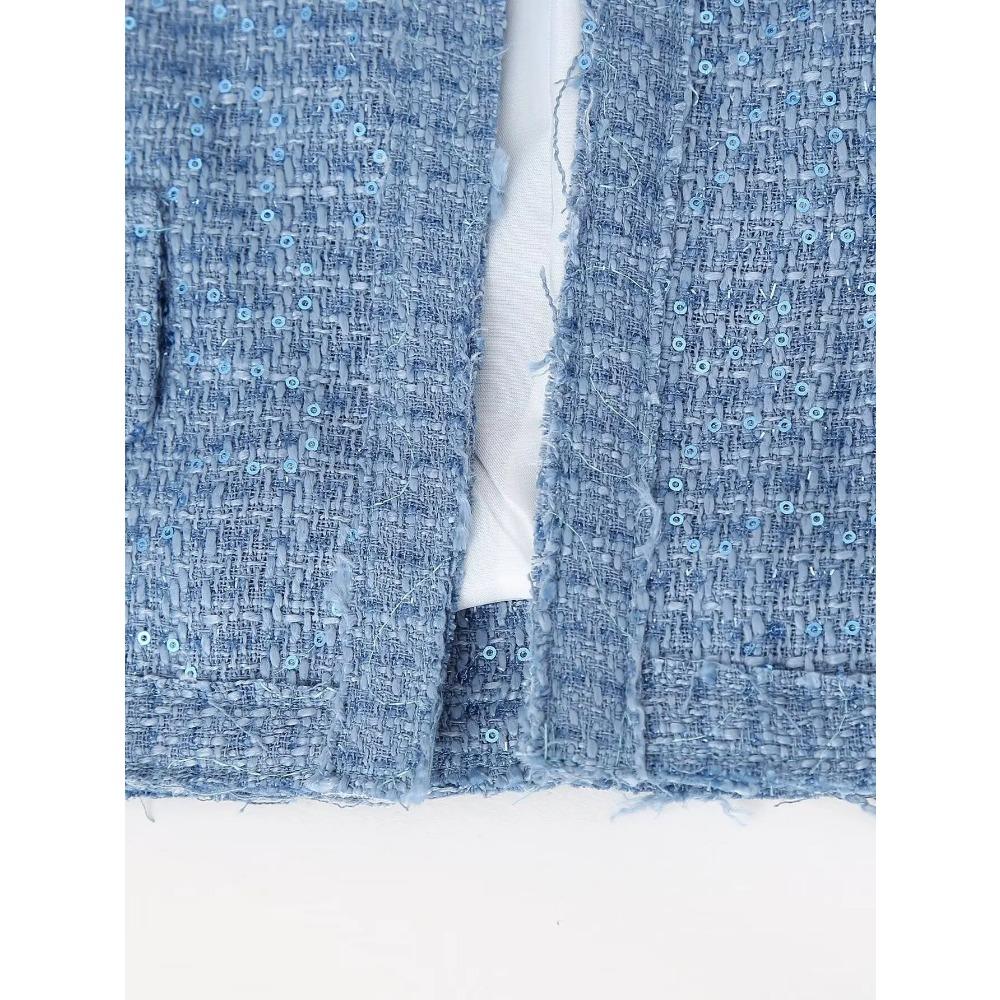 Women's Sequin Stand Collar Long Sleeves Pockets Short Jacket Coat Spring and Autumn New Female Chic Cardigan Jacket