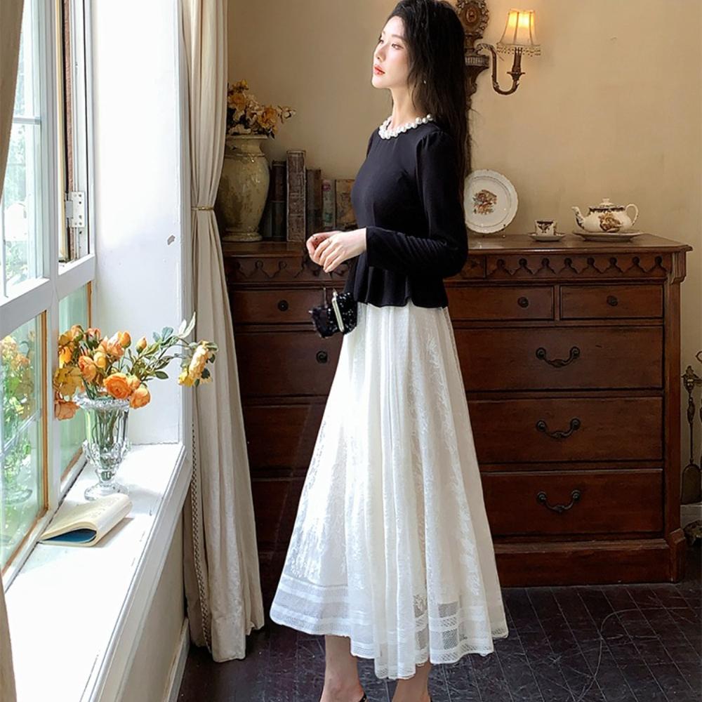 Retro Slimming Velvet Spliced Tulle One Piece Dress for Women Fashion Beaded O-neck Long Sleeves Temperament Dress Female