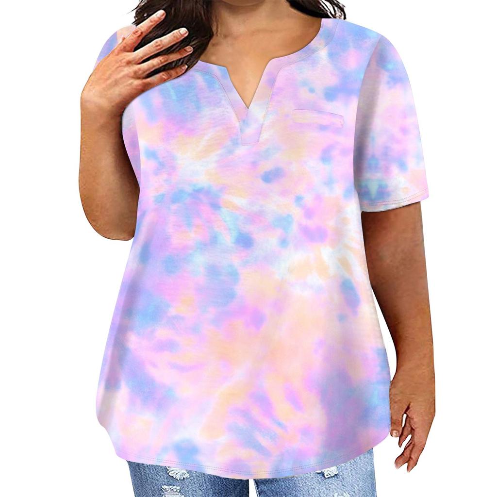 T-shirt décontracté à manches courtes et col en V pour femme, grande taille, imprimé tie-dye, avec poches