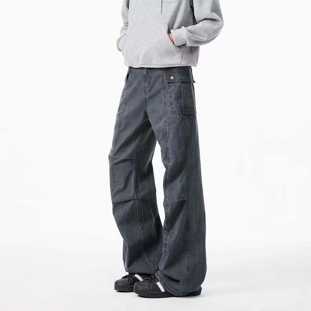 Pleated design overalls men's and women's spring and autumn retro old trendy brand multi-pocket casual straight trousers