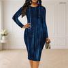 Women Plus Size Round Neck Long Sleeve Printed Dark Blue Bodycon Midi Dress