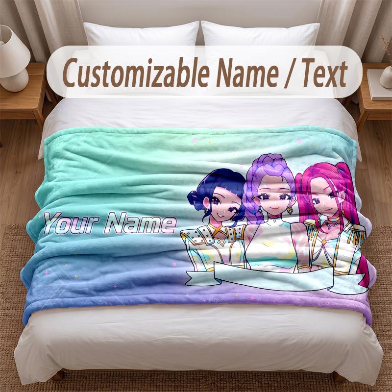 Kpop Demon Hunters Printed Flannel Blanket Custom Name Text Soft Warm Throw For Bedroom Holiday Gift