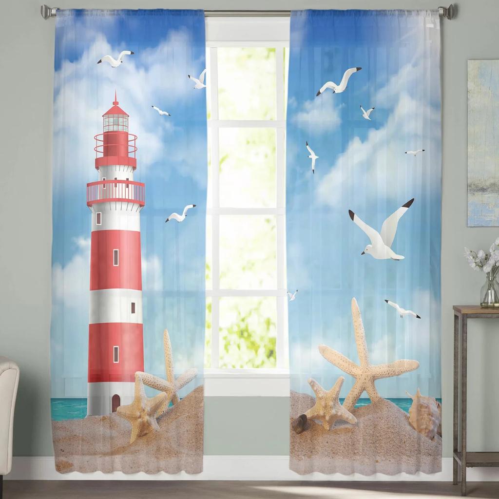 Sea Beach Lighthouse Starfish Seagull Sheer Window Curtains For Living Room Bedroom Modern Tulle Curtains Fabric Drapes