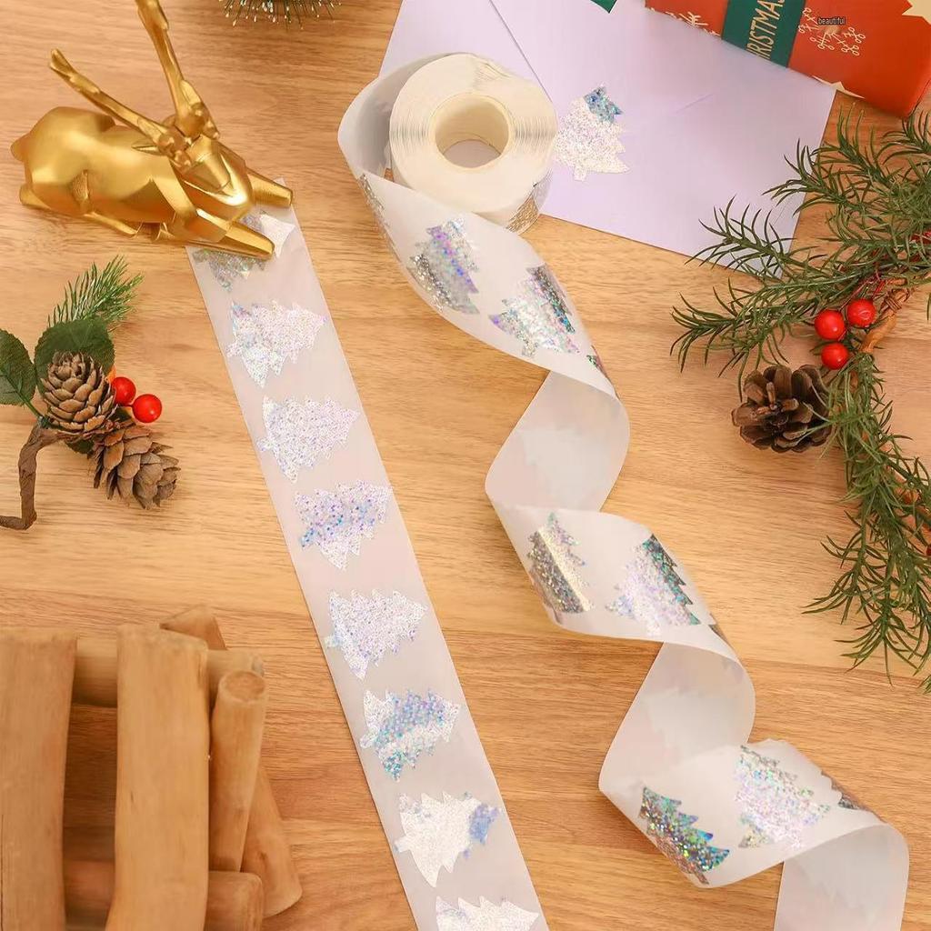 500pcs Laser Silver Christmas Tree Stickers - Waterproof Pine Tree Adhesive Seals for Decoration