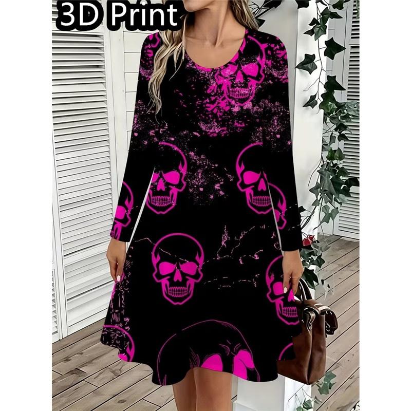 Spring Autumn Women Dress Casual Long Sleeve O-neck 3D Print Loose A-Line Dress Oversized Home Wear Robe