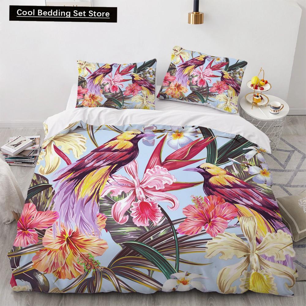 Blume Vogel Königin König Bettbezug Bunt Tropisch Floral Bettwäsche Set für Frauen Aquarell Pflanze 2/3tlg. Polyester Steppdeckenbezug