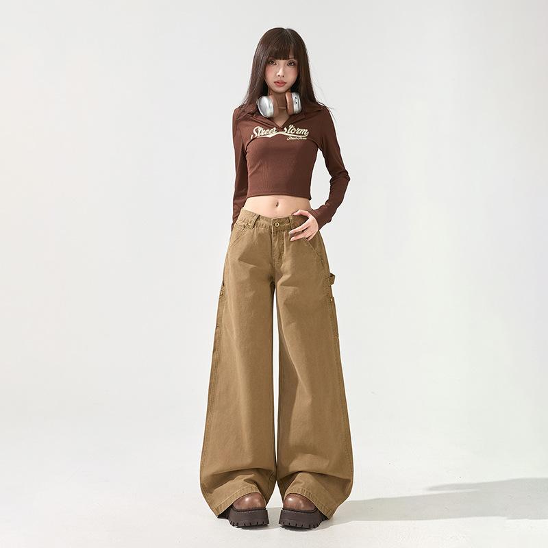 Early spring pure cotton American low-rise casual tooling jeans women's loose deconstruction splicing fashion non-stick leg flared pants