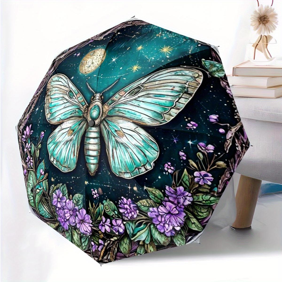 

1pc Automatic Open/Close Umbrella with Witch Butterfly & Floral Print - Teal Blue, Purple Flowers, Compact Folding Design, Por