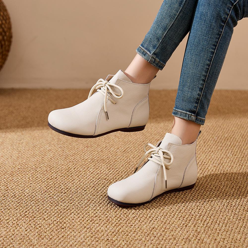 Leather Short Boots Women's Autumn Flat Boots Woman Shoes Beef Tendon Soft Bottom Non-slip Lace Up Ankle Boots for Women