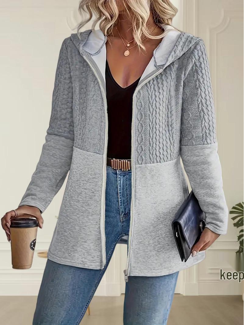 2026 Women’s Autumn/Winter Hooded Jacket - Solid Color Ripple Patchwork S серый