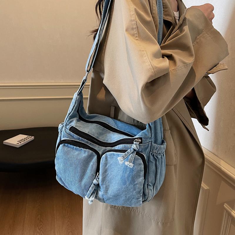 Vintage Denim Shoulder Bag Women's Large Capacity Messenger Bag Multi-pockets Satchel Bags Adjustable Strap Ladies Crossbody Bag