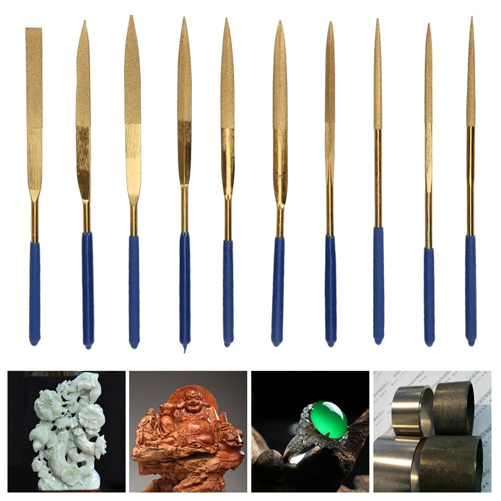 Sada 10 ks Sada jehlových pilníků 4x160 mm Mini titanem pokovených diamantů pro zpracování ocelové keramiky a skla
