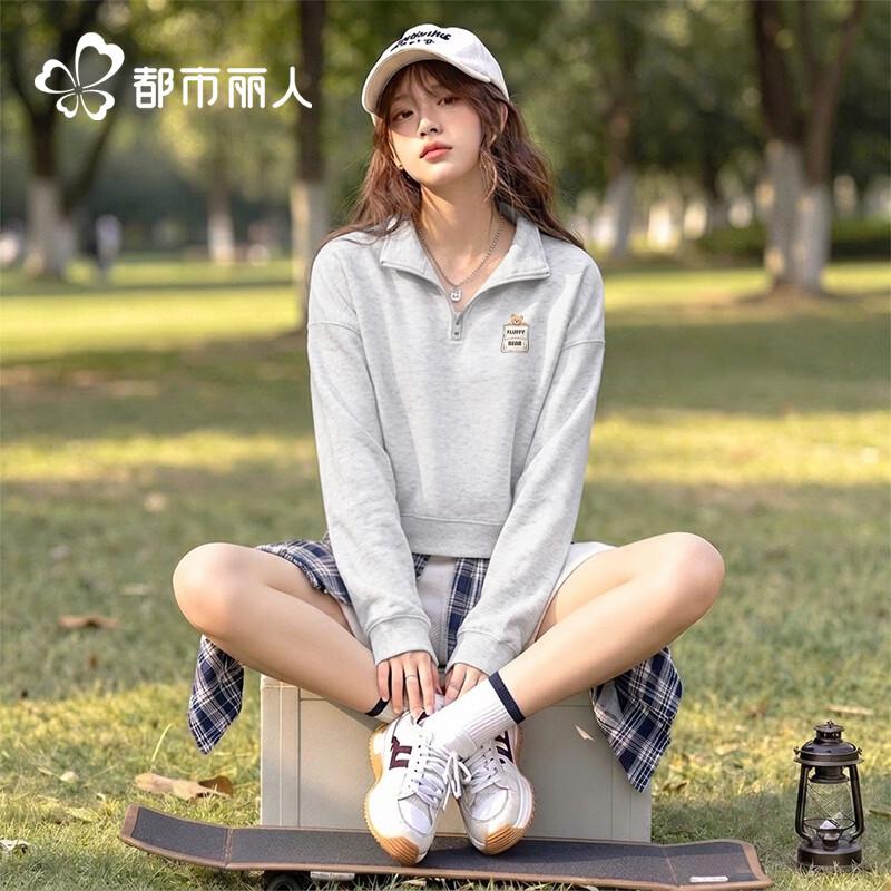 Women's Half-Zip Polo Hoodie with Bear Pocket Patch