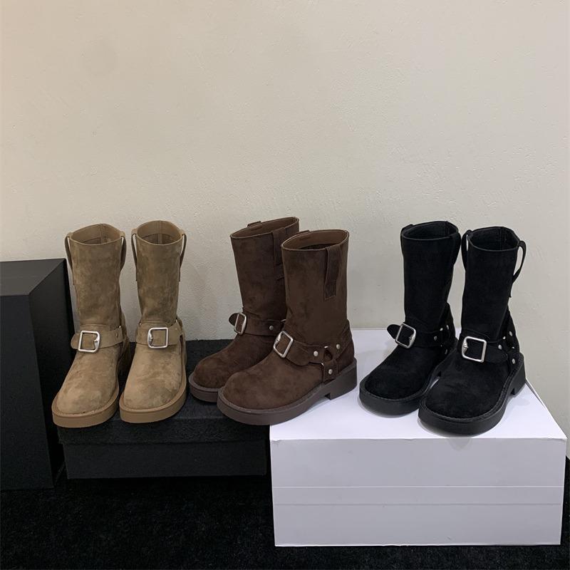Retro Nischenmode Stiefeletten für Damen Herbst und Winter 2025 neue Mode Gürtelschnallendesign Stiefeletten