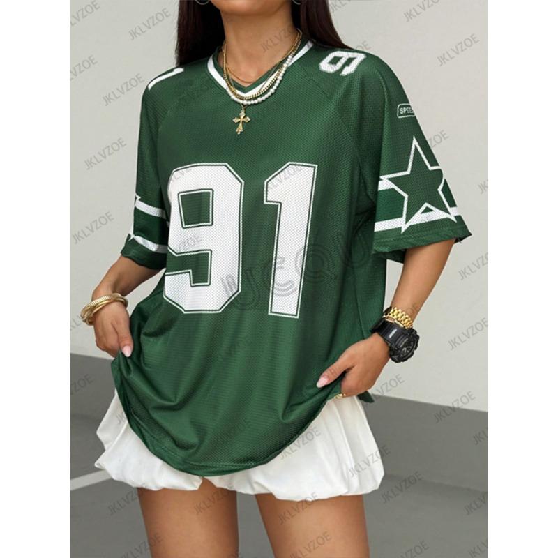 Sommer Neues T-Shirt Kleidung Für Frauen Kurzarm Patchwork Speed 91 Druck V-Ausschnitt T-Shirts Sport Fußballtrikot Y2k Übergroße Oberteile