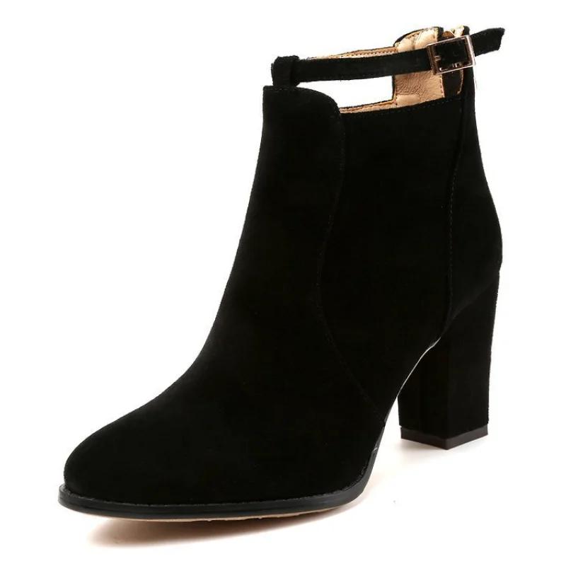 Fashion Woman Suede High Heel Ankle Boots British Style Fashion Thick Heel Pointed Back Zipper Boots Women Square Heeled Short Booties