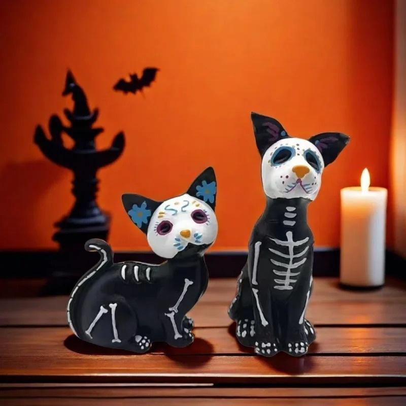 Day of The Dead Dog and Cat Figurine Halloween Statue Sugar Skulls Animal Statue Resin Crafts Home Desk Decorations