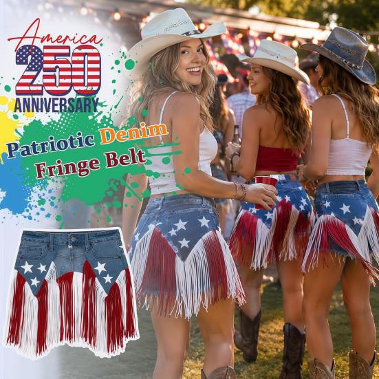 Cintura Patriottica in Denim con Frange 250°, Cintura con Frange Stars And Stripes, Cintura Stile Western per Feste Celebrazioni per Donna