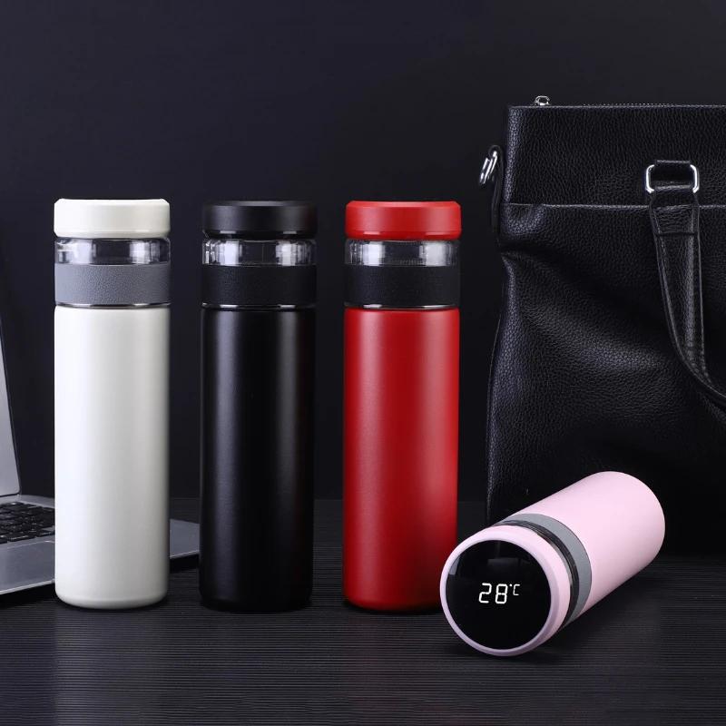 Yeni 450ml Akıllı Sıcaklık Vakumlu Termos Bardak Taşınabilir 304 Paslanmaz Çelik Çay Ayırmalı PP Bardak Sıcak Su Şişesi Cam Çay Bardağı