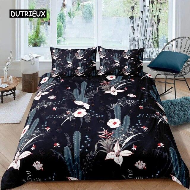 Kaktus-Bettbezug-Set, King-Size-Bett, handbemalter Stil, Bettwäsche-Set, Natur-Kunstdrucke, Bettbezug, grüne Pflanze, Kaktus-Bettbezug, dreiteiliges Set