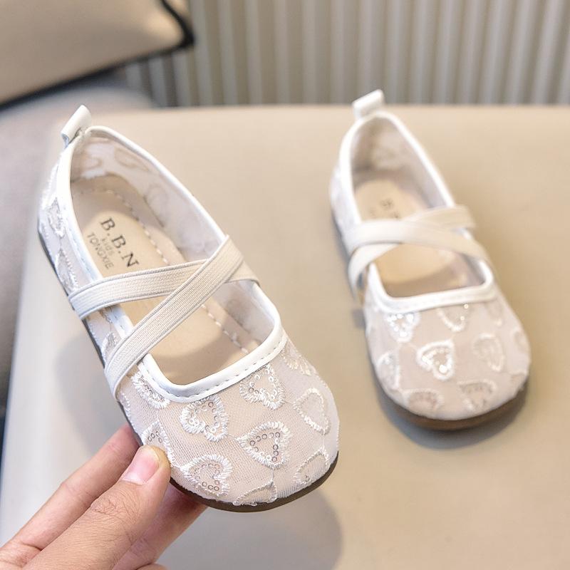 Spring Summer Girls Lace Heart Pattern Princess Sandals Flat Shoes