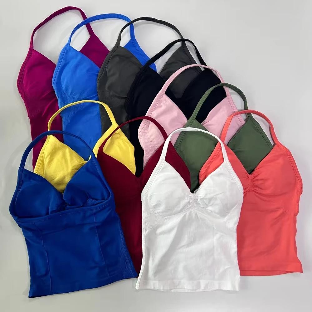 JYL Seamless Backless Two Piece Set Padded Halter Top Fitness Shorts
