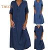 Fall Spring Lady Dress V Neck Loose Short Sleeves with Cufflink Split Hem Plus Size Dress Solid Color Buttons Pullover A-line Daily Wear Beach Maxi