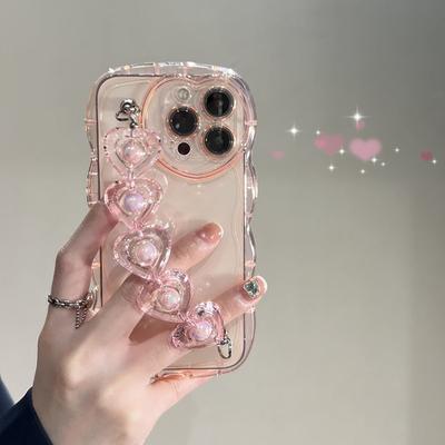 Korea Cute 3d Love Heart Wavy Bracelet Wrist Phone Case For Iphone 11 13 12pro Max X Xr Xs Max Transparent Soft Shockproof Cover