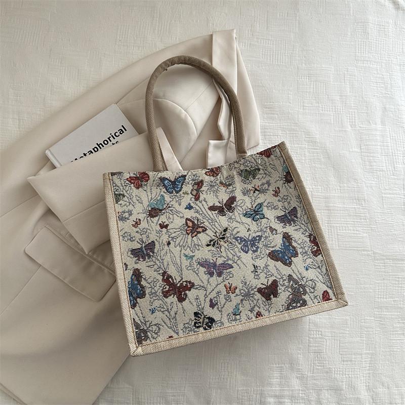 Butterfly Pattern Print Tote Bag For Women Made Of Linen With Magnetic Closure For Daily Commute