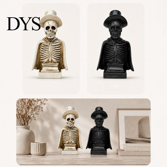 Retro Gentleman Skull with Top Hat Gothic Halloween Sculpture And Cape, Spooky Resin Prop for Display Skeleton Figurine LED Light Home Tabletop Decor