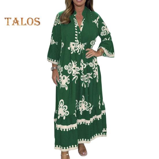 Fall Spring Dress Stand Collar Long Sleeves Color Matching Print Pleated Patchwork A-line Loose Hem Ankle Length Dating Daily Wear Maxi Dress