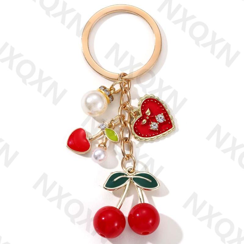 Pretty Cartoon Cherry Preal Heart Enamel Keychain Love Fruit Key Ring For Women Girl Handmade Friendship Gift Jewelry Set