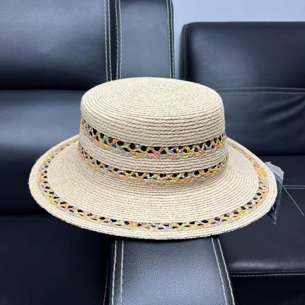 High Quality Rainbow Decorative Crochet 100% Raffia Hat Women's Sunscreen Flat Top Top Top Hat Summer Outing Straw Hat