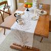 Floral Embroidery Table Runner Embroidered Runner, Elegant Dining Cover, White Rustic Durable for with Tassels Home Wedding Bridal Shower Decor