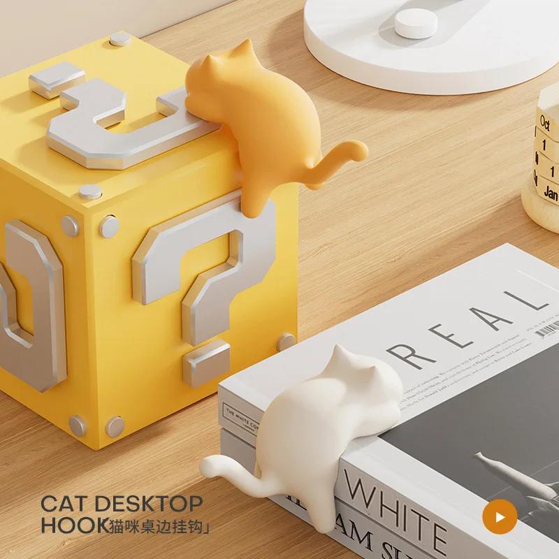 Cute Cat-Shaped Creative Desktop Hooks Key Holder Kawaii Office Desk Ornament Bag Storage Hooks Table Edge Keychain Organizer
