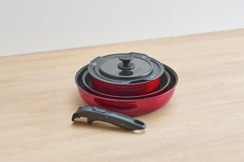 Thermos Durable Series 5-Piece Detachable Handle Frying Pan Set (DA), Induction and Gas Compatible, Deep Red, Frying Pan and Pot are Dishwasher Safe (