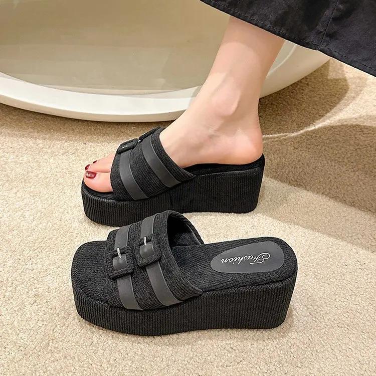Square Head Platform Slippers Belt Buckles Corduroy Open-toe Women Sandals Summer New Designer Shoes Fashion Wedge Sandals